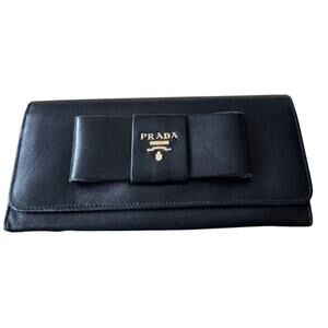 PRADA Black Saffiano Fiocco Leather Bow Continental Wallet with COA Included